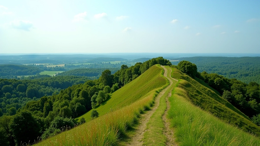 Mašučių piliakalnio panorama su žalia apylinka ir dangumi